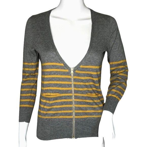J Crew Sweater Womens XS Gray‎ Mustard Yellow Cardigan Zip Front Preppy Academia - Picture 1 of 8